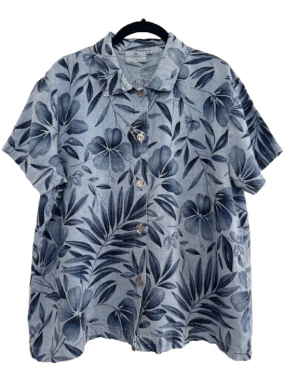 Hot Cotton Blue Palm Leaf Floral 100% Linen Short Sleeve Button Down Shirt